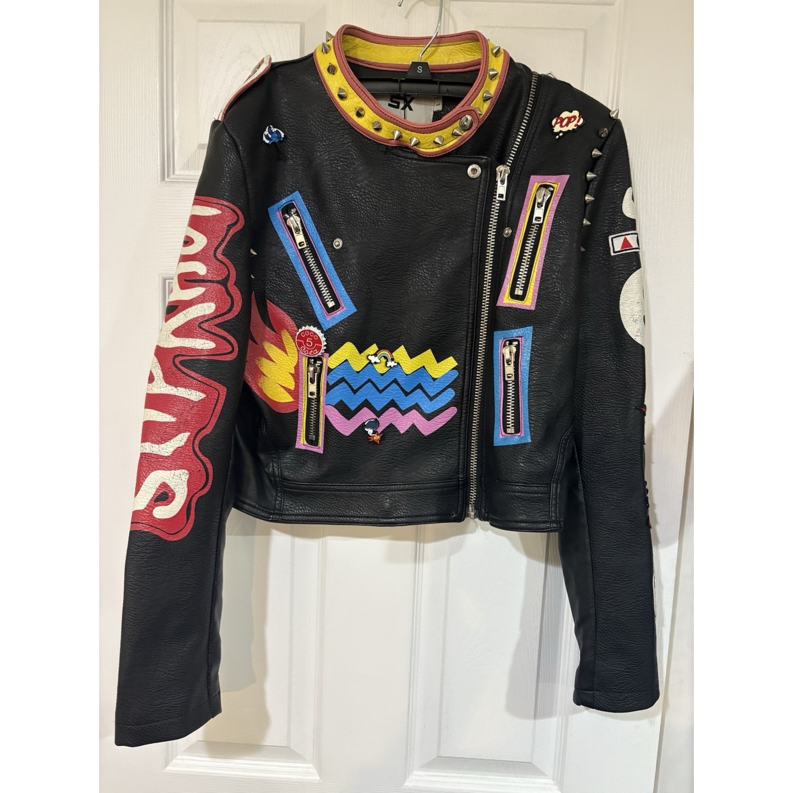 Sx Women's Punk Painted Embroidered Faux Leather Moto Jacket Coat Large Read*
